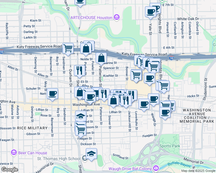 map of restaurants, bars, coffee shops, grocery stores, and more near 4306 Eli Street in Houston