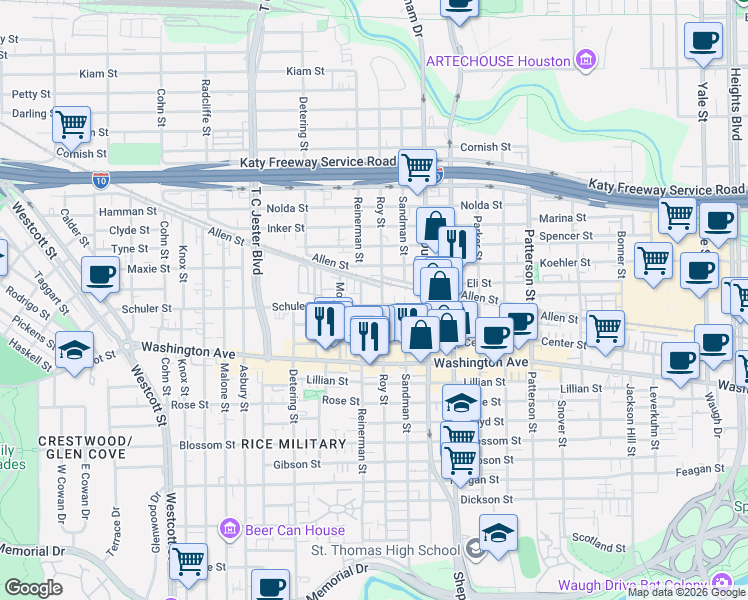 map of restaurants, bars, coffee shops, grocery stores, and more near 1316 Reinerman Street in Houston