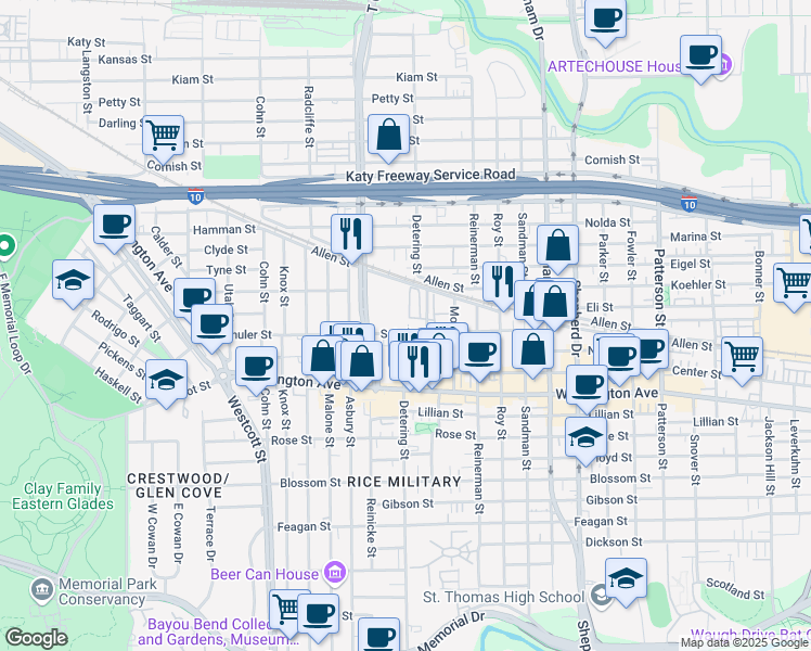 map of restaurants, bars, coffee shops, grocery stores, and more near 1331 Studer Street in Houston