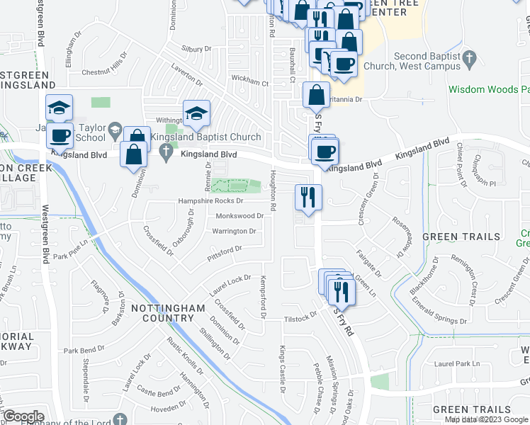 map of restaurants, bars, coffee shops, grocery stores, and more near 20206 Monkswood Drive in Katy