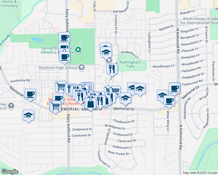 map of restaurants, bars, coffee shops, grocery stores, and more near 800 Country Place Drive in Houston