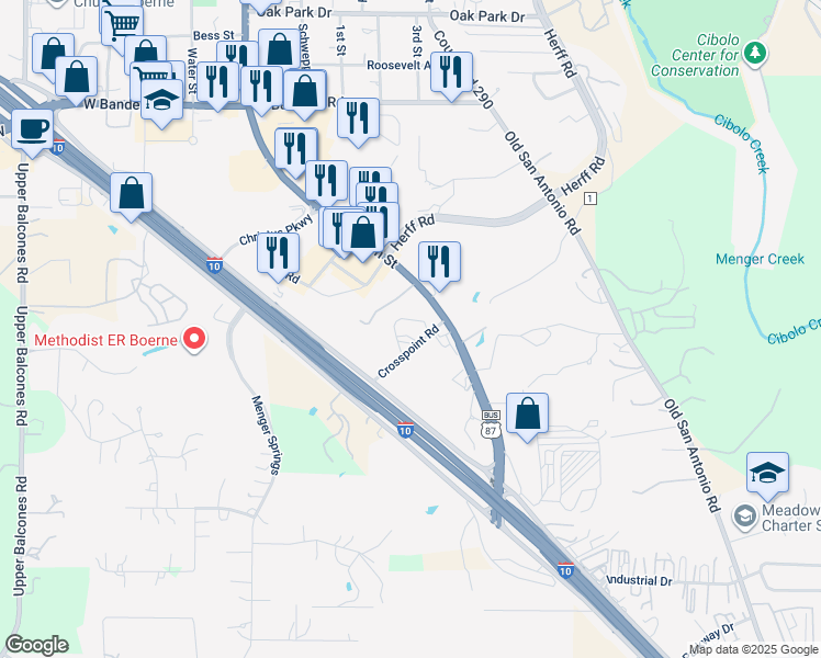 map of restaurants, bars, coffee shops, grocery stores, and more near 120 Crosspoint Road in Boerne