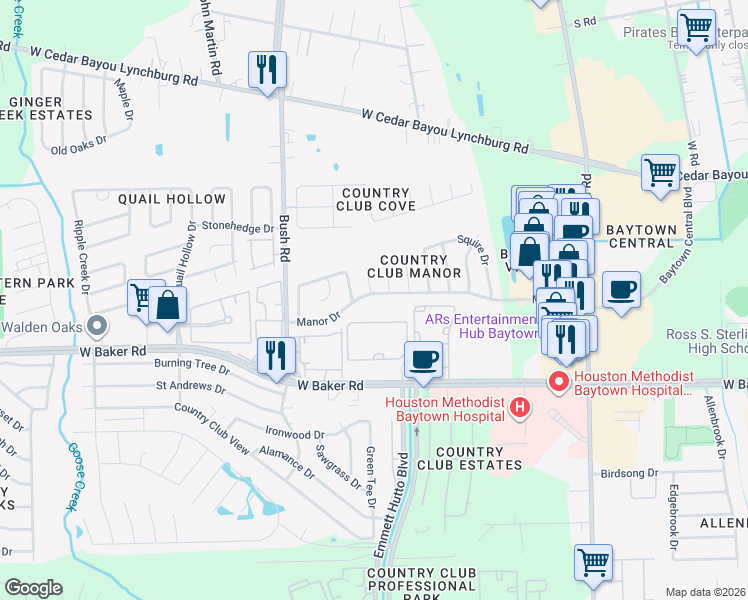 map of restaurants, bars, coffee shops, grocery stores, and more near 1739 Manor Drive in Baytown