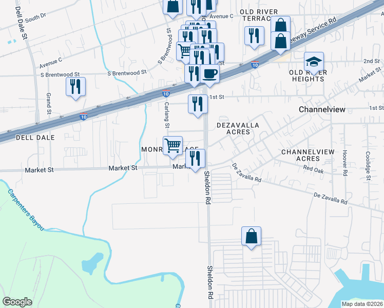 map of restaurants, bars, coffee shops, grocery stores, and more near 209 Sheldon Road in Channelview