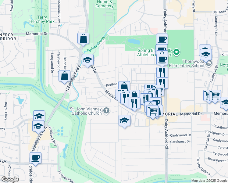 map of restaurants, bars, coffee shops, grocery stores, and more near 14855 Perthshire Road in Houston