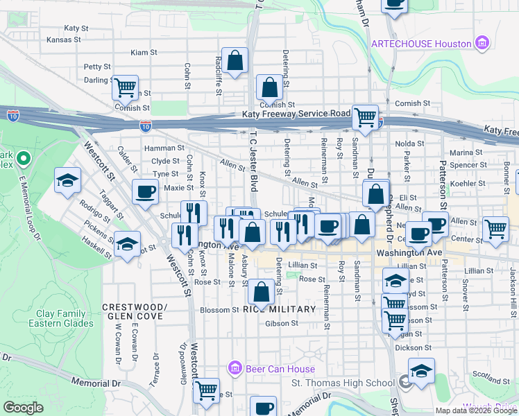 map of restaurants, bars, coffee shops, grocery stores, and more near 1406 Asbury Street in Houston