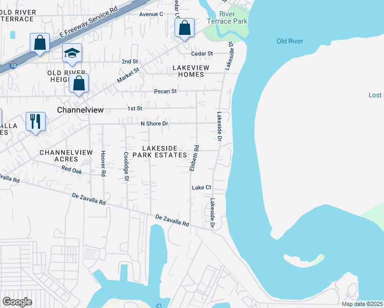 map of restaurants, bars, coffee shops, grocery stores, and more near 16459 Woodrow Street in Channelview