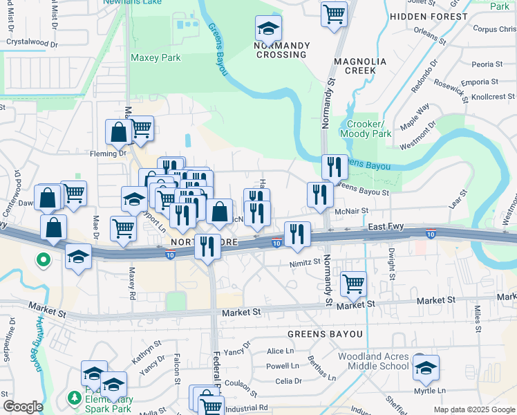 map of restaurants, bars, coffee shops, grocery stores, and more near 932 Halsey Street in Houston