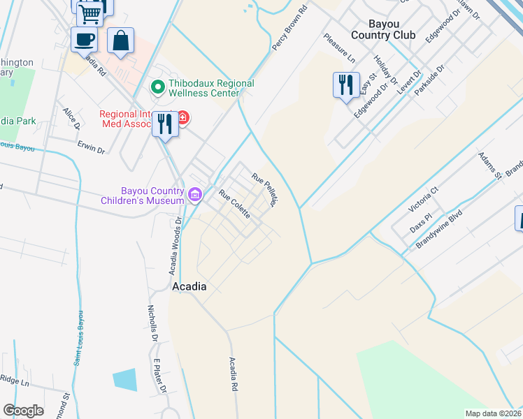 map of restaurants, bars, coffee shops, grocery stores, and more near Rue Pelletier in Thibodaux