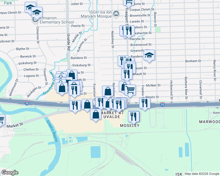 map of restaurants, bars, coffee shops, grocery stores, and more near 13728 Garber Lane in Houston