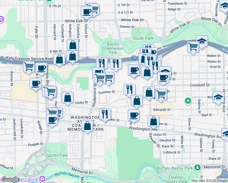 map of restaurants, bars, coffee shops, grocery stores, and more near 2808 Summer Street in Houston