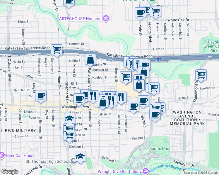map of restaurants, bars, coffee shops, grocery stores, and more near 4207b Eli Street in Houston