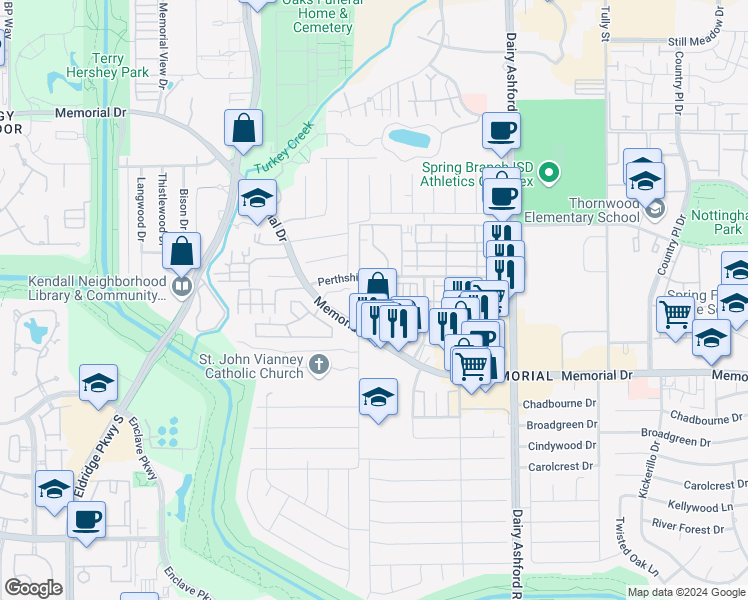 map of restaurants, bars, coffee shops, grocery stores, and more near 14855 Perthshire Road in Houston