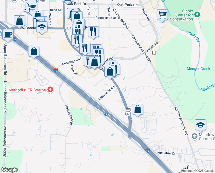 map of restaurants, bars, coffee shops, grocery stores, and more near 1490 South Main Street in Boerne