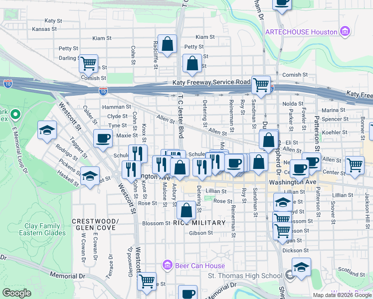 map of restaurants, bars, coffee shops, grocery stores, and more near 230 T C Jester Boulevard in Houston