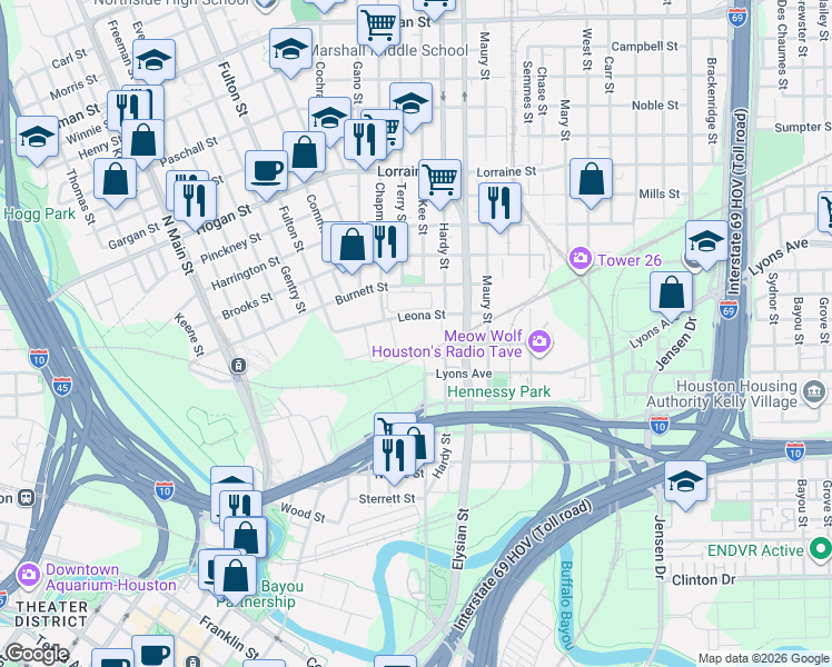 map of restaurants, bars, coffee shops, grocery stores, and more near 1550 Leona Street in Houston