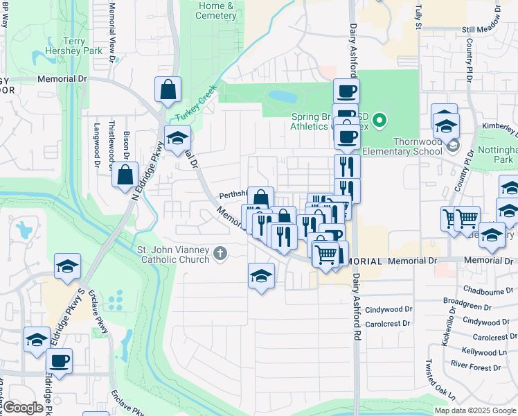map of restaurants, bars, coffee shops, grocery stores, and more near 14855 Perthshire Road in Houston