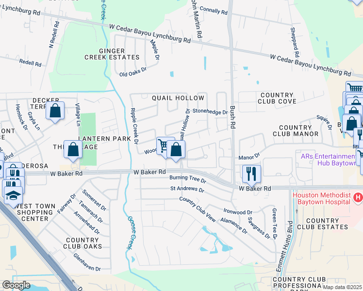 map of restaurants, bars, coffee shops, grocery stores, and more near Quail Hollow Drive in Baytown
