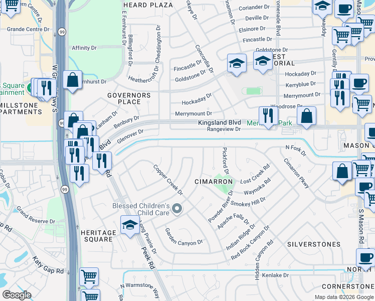 map of restaurants, bars, coffee shops, grocery stores, and more near 22754 Red River Drive in Katy