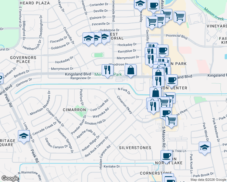 map of restaurants, bars, coffee shops, grocery stores, and more near 22222 North Fork Drive in Katy