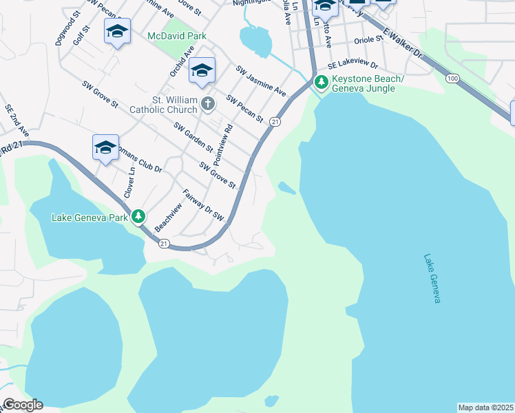 map of restaurants, bars, coffee shops, grocery stores, and more near 1155 Southeast Lake Lane in Keystone Heights