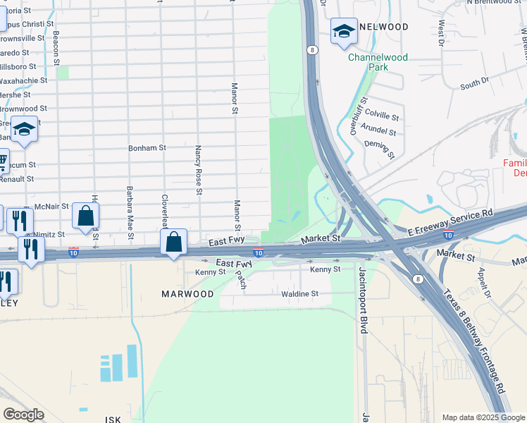 map of restaurants, bars, coffee shops, grocery stores, and more near 14626 McNair Street in Houston