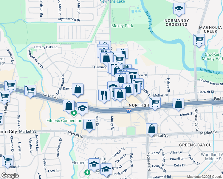 map of restaurants, bars, coffee shops, grocery stores, and more near 390 Maxey Road in Houston