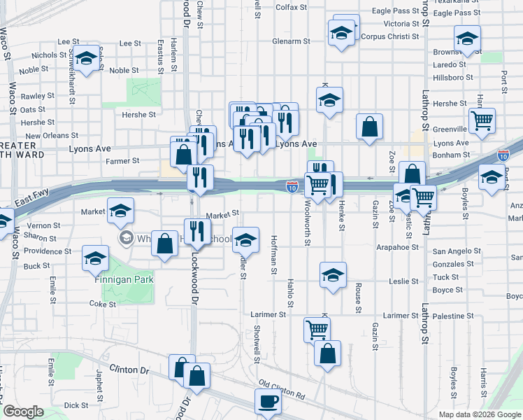 map of restaurants, bars, coffee shops, grocery stores, and more near 831 Shotwell Street in Houston