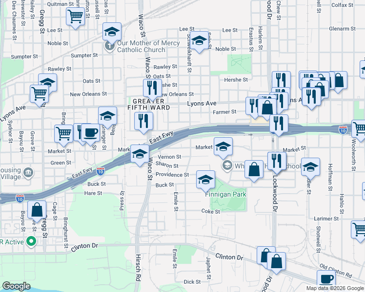 map of restaurants, bars, coffee shops, grocery stores, and more near 4614 East Freeway in Houston