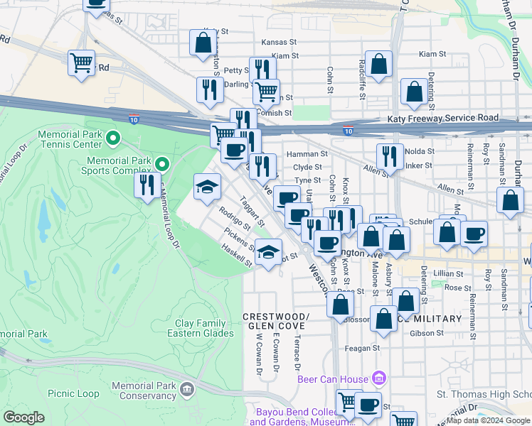 map of restaurants, bars, coffee shops, grocery stores, and more near 6307 Washington Avenue in Houston