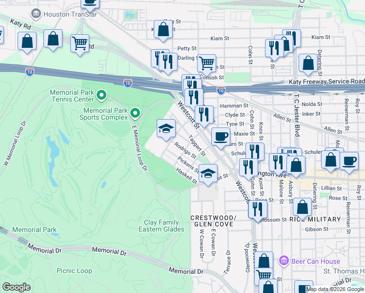 map of restaurants, bars, coffee shops, grocery stores, and more near 6518 Rodrigo Street in Houston