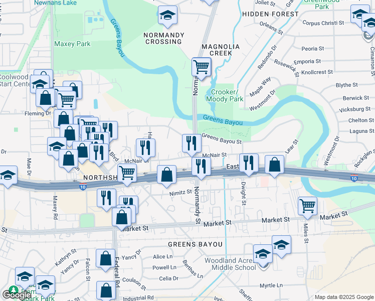 map of restaurants, bars, coffee shops, grocery stores, and more near 930 Normandy Street in Houston