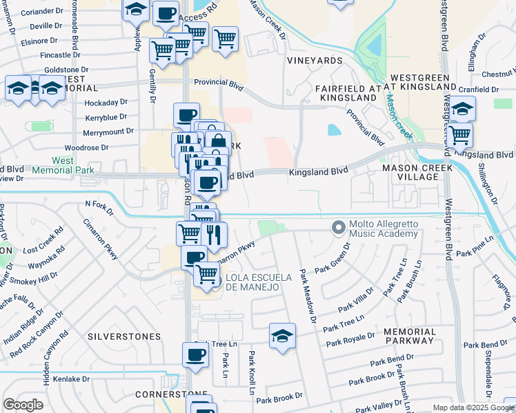 map of restaurants, bars, coffee shops, grocery stores, and more near 600 Park Grove Drive in Katy