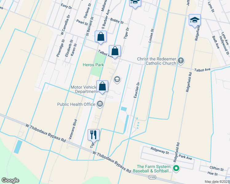 map of restaurants, bars, coffee shops, grocery stores, and more near 1405-1499 Tiger Drive in Thibodaux