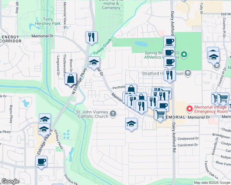 map of restaurants, bars, coffee shops, grocery stores, and more near 14900 Memorial Drive in Houston