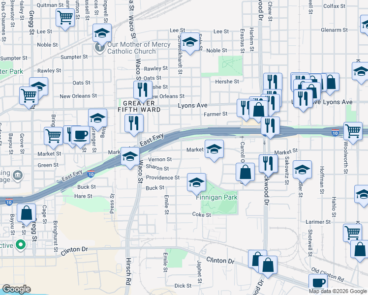 map of restaurants, bars, coffee shops, grocery stores, and more near 4718 Stonewall Street in Houston