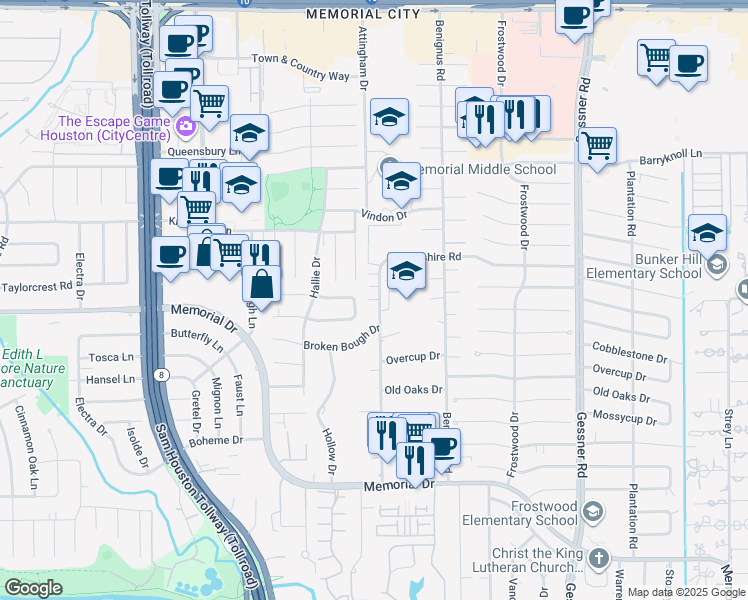map of restaurants, bars, coffee shops, grocery stores, and more near 541 Tallowood Road in Houston
