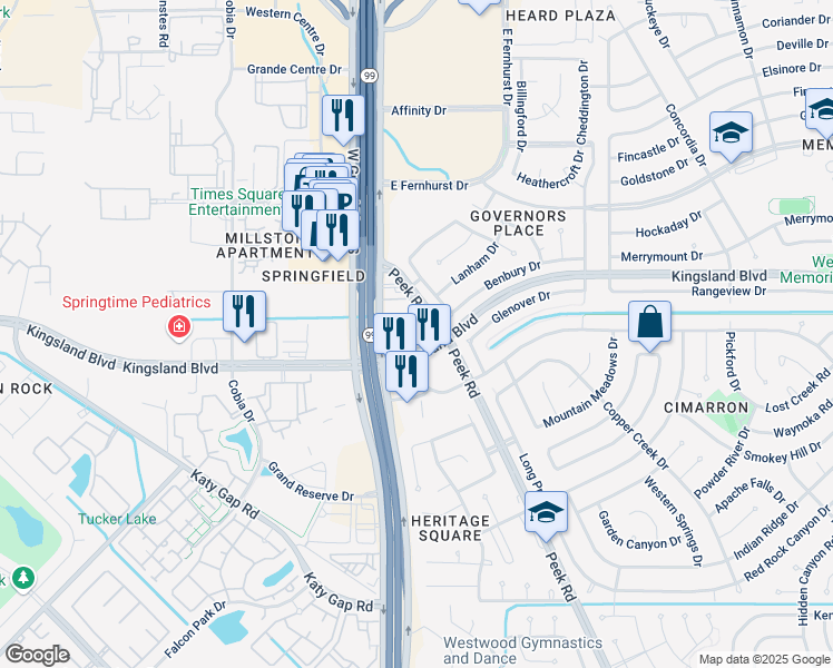 map of restaurants, bars, coffee shops, grocery stores, and more near 23232 Kingsland Boulevard in Katy