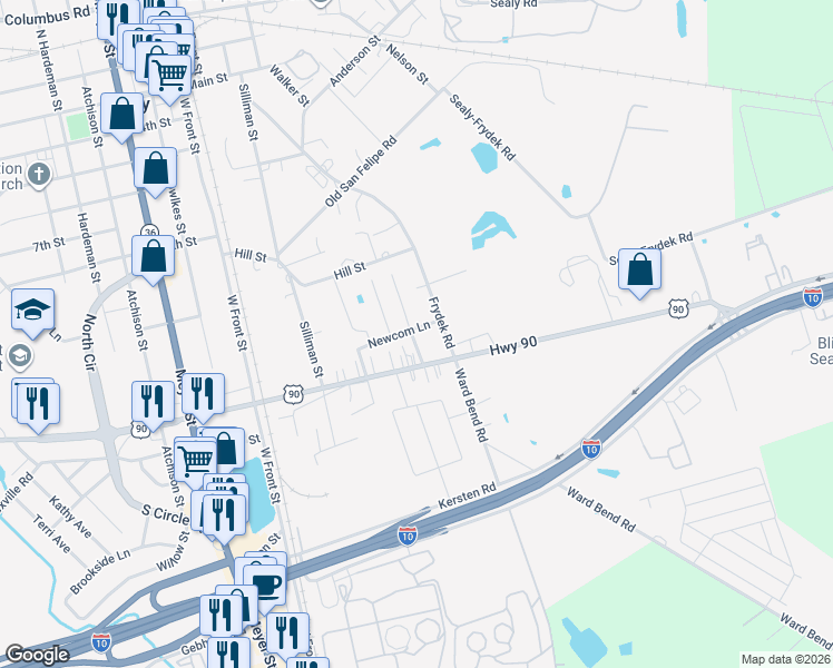 map of restaurants, bars, coffee shops, grocery stores, and more near 388 Newcom Lane in Sealy
