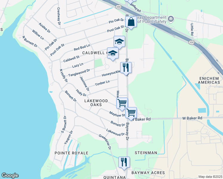 map of restaurants, bars, coffee shops, grocery stores, and more near 107 Wildrose Street in Baytown