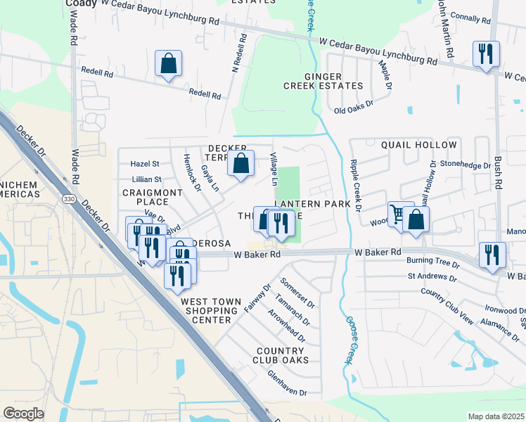 map of restaurants, bars, coffee shops, grocery stores, and more near 4601 Village Lane in Baytown