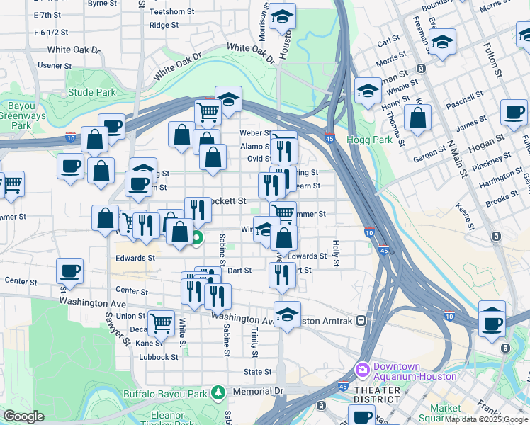 map of restaurants, bars, coffee shops, grocery stores, and more near 1509 Crockett Street in Houston