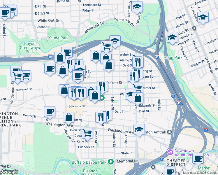 map of restaurants, bars, coffee shops, grocery stores, and more near 1801 Crockett Street in Houston