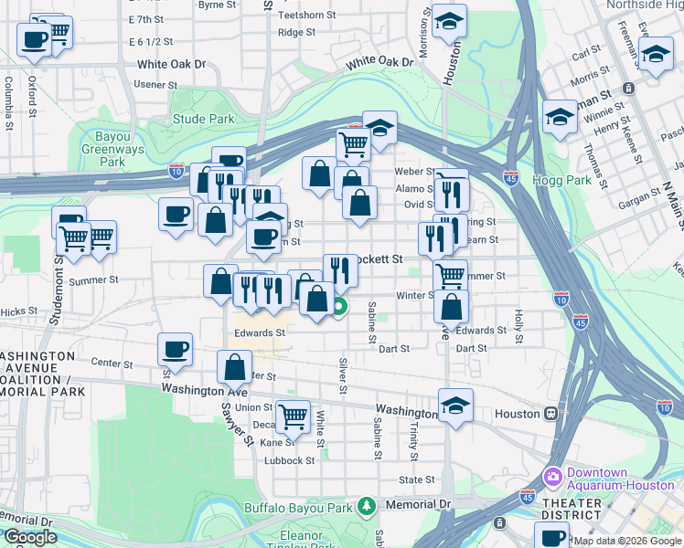 map of restaurants, bars, coffee shops, grocery stores, and more near 1903 Crockett Street in Houston