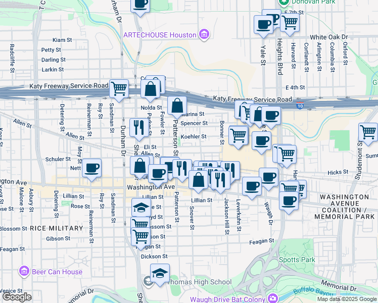 map of restaurants, bars, coffee shops, grocery stores, and more near 4306 Eli Street in Houston