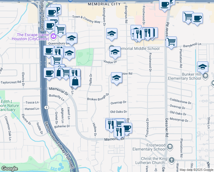map of restaurants, bars, coffee shops, grocery stores, and more near 541-525 Tallowood Road in Houston