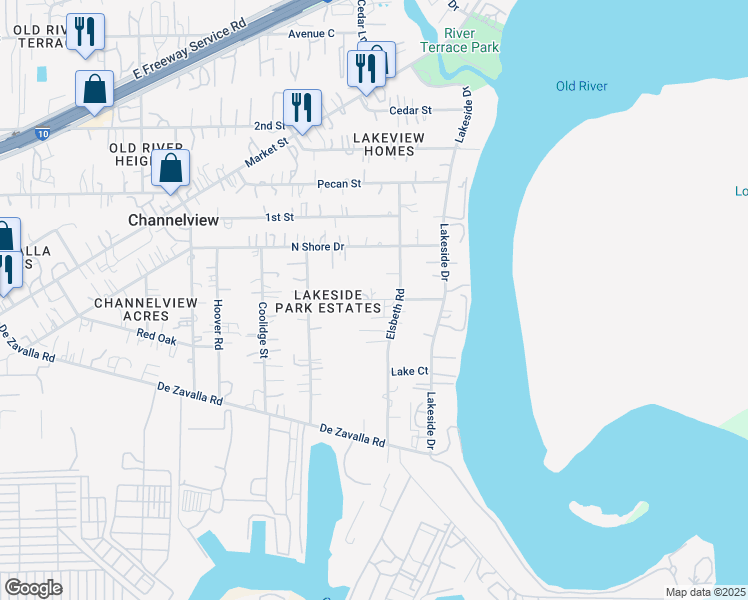 map of restaurants, bars, coffee shops, grocery stores, and more near 16459 Woodrow St in Channelview