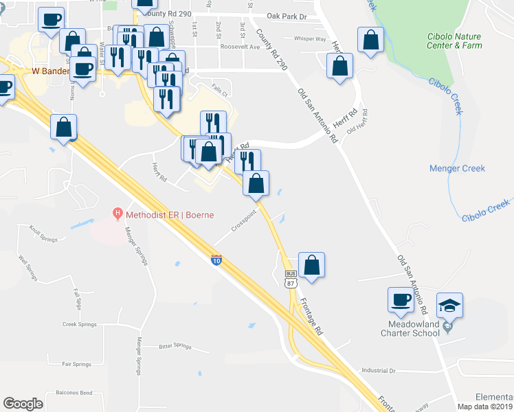 map of restaurants, bars, coffee shops, grocery stores, and more near 1490 South Main Street in Boerne