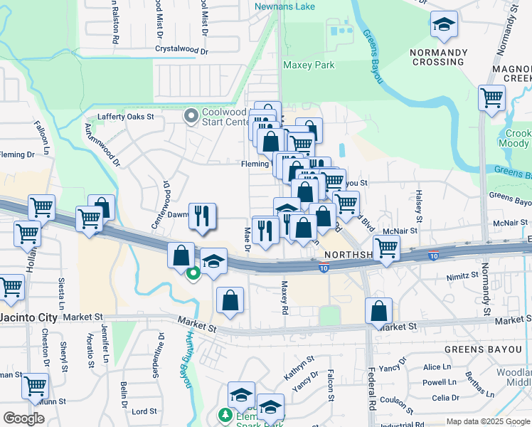 map of restaurants, bars, coffee shops, grocery stores, and more near 12300 Fleming Drive in Houston