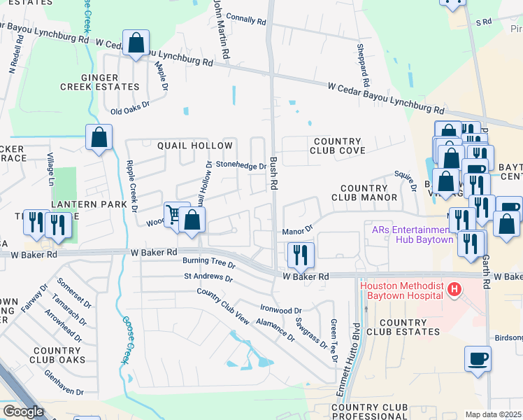map of restaurants, bars, coffee shops, grocery stores, and more near 2900 West Baker Road in Baytown